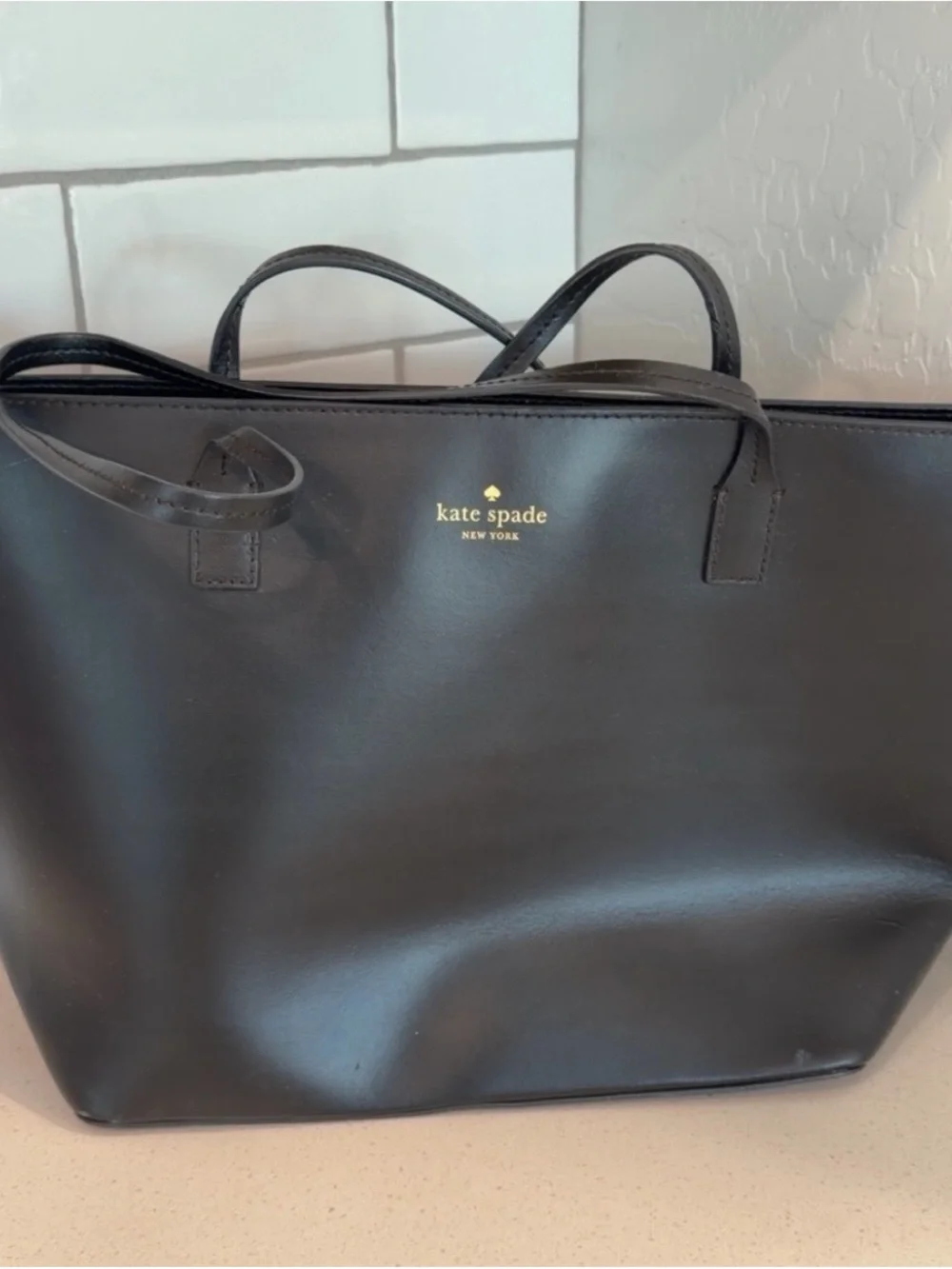 kate spade Black Leather Tote with Gold Logo